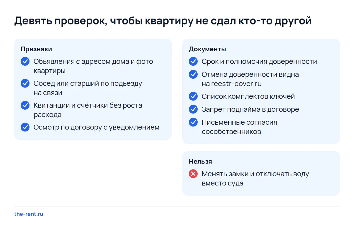 Чек-лист из девяти проверок собственника: объявления, соседи, счётчики, доверенность, ключи, запрет поднайма и согласия