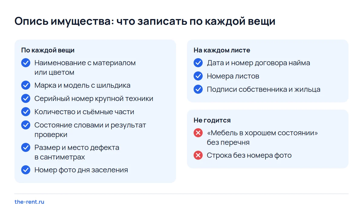 Чек-лист описи имущества при сдаче квартиры: семь полей по каждой вещи, подписи на каждом листе и записи, которые не работают